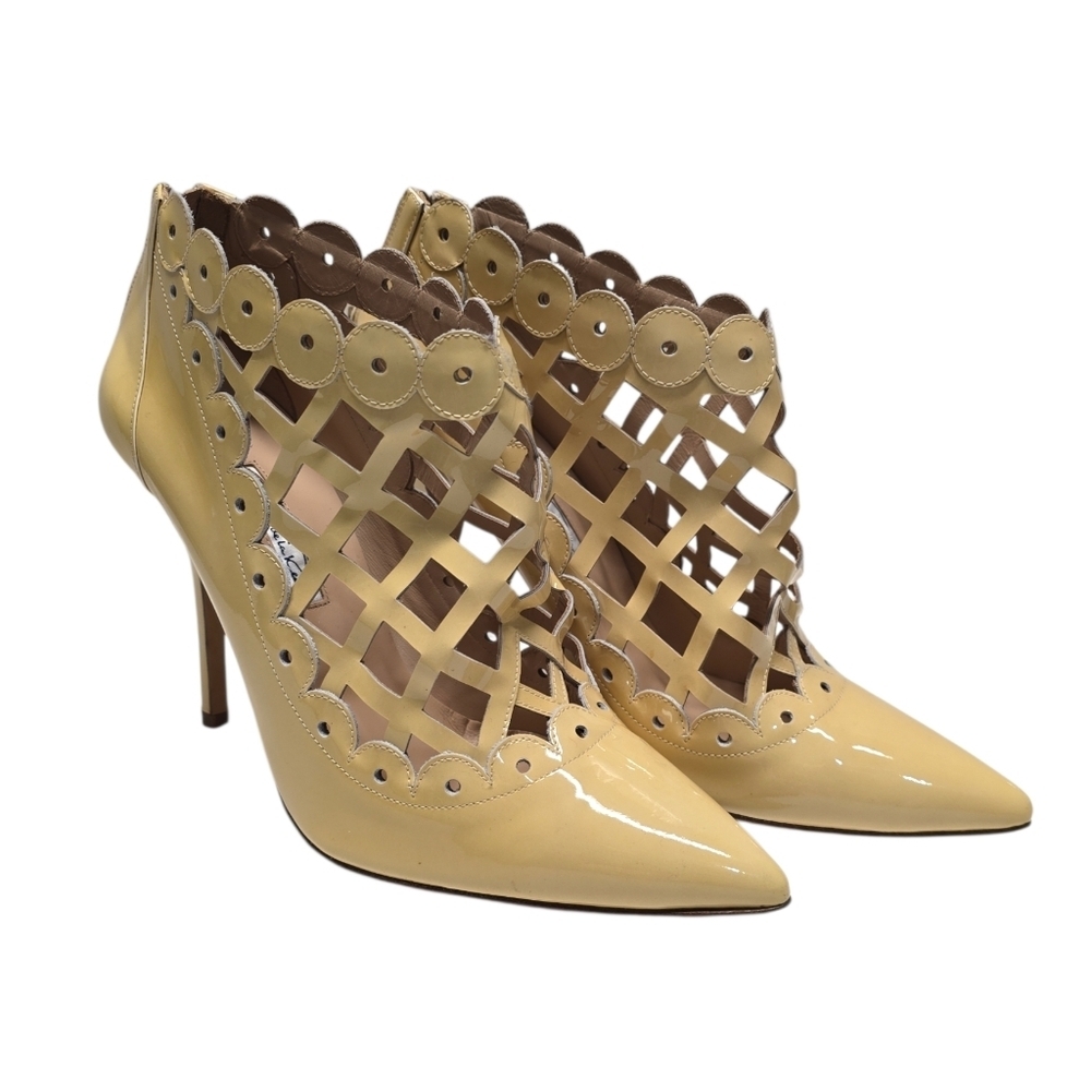 {Oscar de la Renta} Yellow Patent Leather Laser Cut Fernanda Ankle Booties Heels